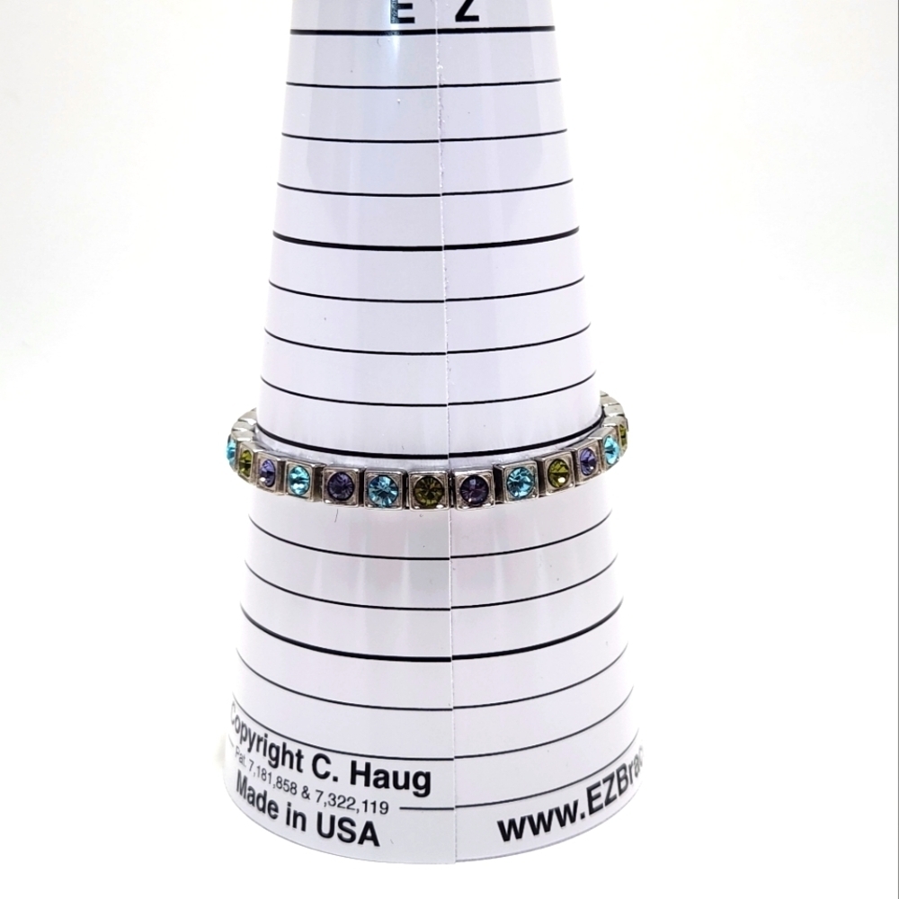 Gemstone Silvertone Stretch 7.25" Bracelet and 5.5 6.5 Ring Set Cyan Green Blue - Picture 6 of 11